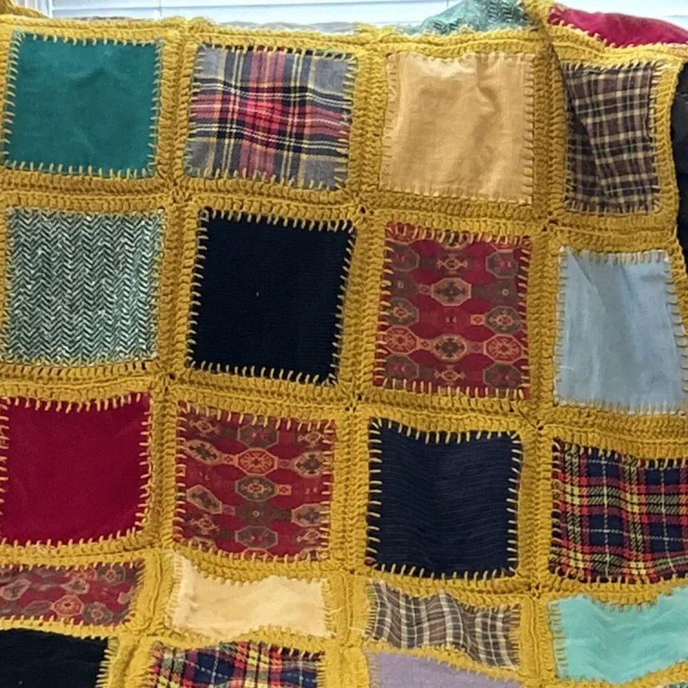 Vintage Handmade‎ Patchwork Crochet Blanket Throw Afghan Multi Color Square Knit